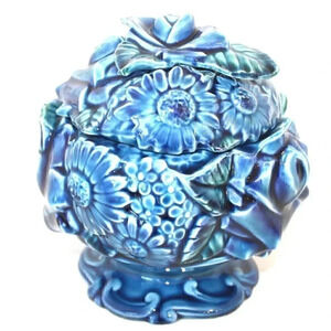 Vintage MCM Ceramic POTTERY Blue Flower Bouquet Storage Cookie Candy Jar W/ Lid
